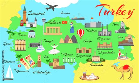 Map of turkey with main sights for tourists. Turkish attraction. Stock ...