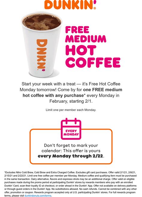 Free medium coffee Mondays for loyalty members at Dunkin Donuts # ...