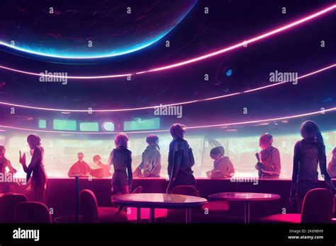 Bar Stools , cyberpunk BAR in Cyberpunk city. Neons, cybercity background, opposite colors. Neon ...