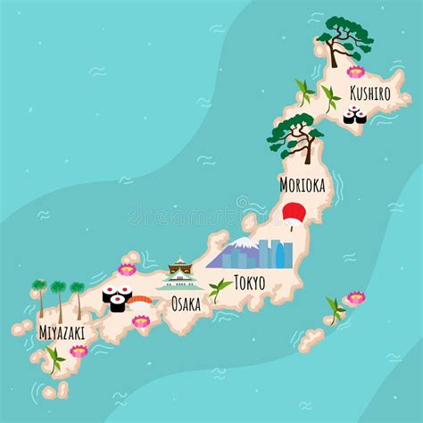 Cartoon map of Japan. Travel illustration with landmarks, buildings, food and plants. Funny ...