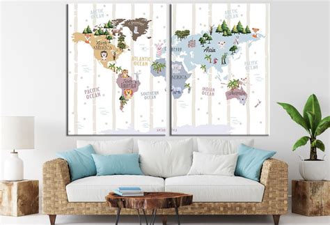 Kids Decor Nursery Wall Art World Map Illustration Animal Map of the World for Children Wall Art ...