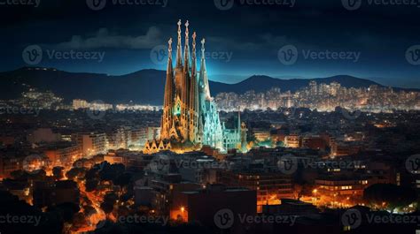 Night view of Sagrada Familia. Generative AI 32976288 Stock Photo at ...