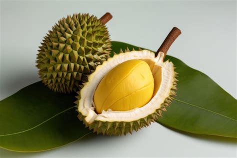 Premium AI Image | Fresh durian fruit with green leaf on white background Tropical fruit