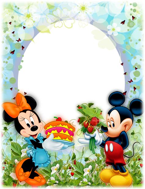 two mickey and minnie mouses with a birthday cake in front of an oval frame