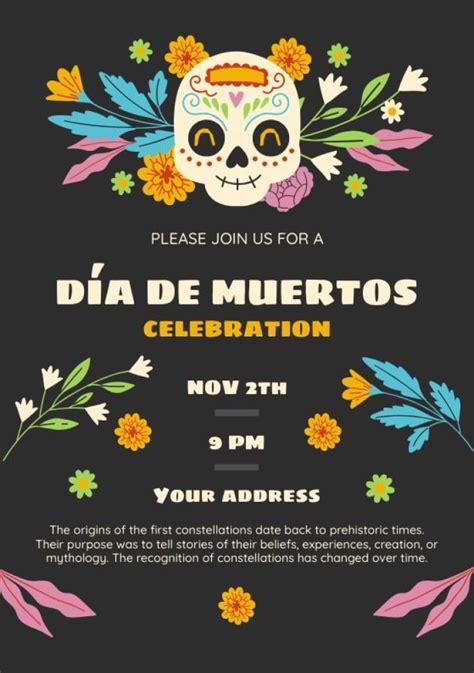 Edit online this Floral Cute Skull Dia De Los Muertos Party Invitation layout for free