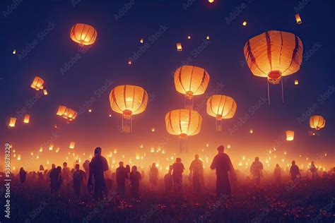 Chinese lanterns flying in the night sky. Lantern Festival at Chinese New Year. Traditional ...