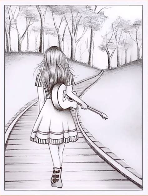 Draw a scenery of a girl walking alone on a railway line with her ...