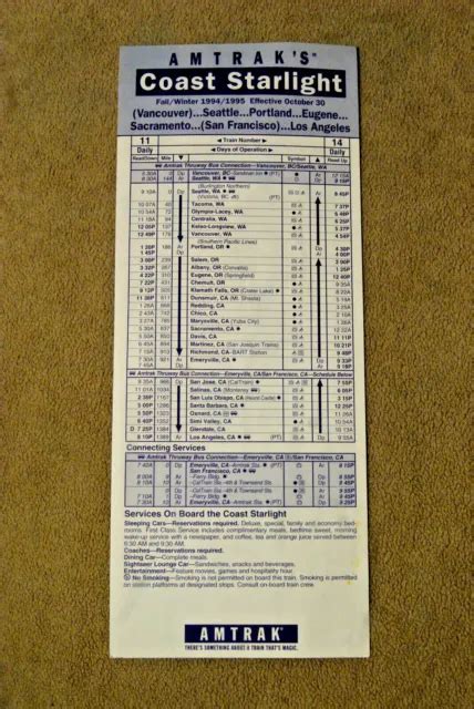 AMTRAK - COAST Starlight - Timetable Card - Fall Winter 1997/98 £2.86 - PicClick UK