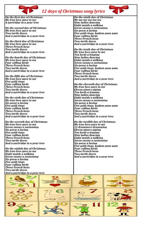 12 days of Christmas lyrics printable in PDF - PrinterFriendly