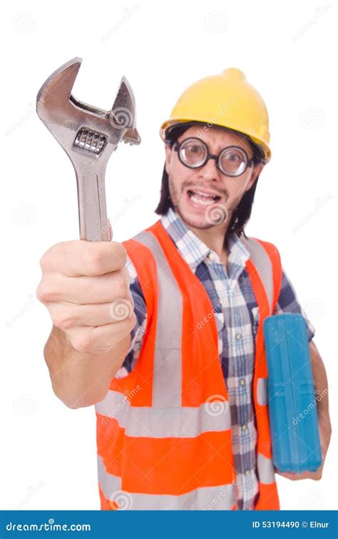 Funny Young Construction Worker with Toolbox and Stock Photo - Image of industry, business: 53194490