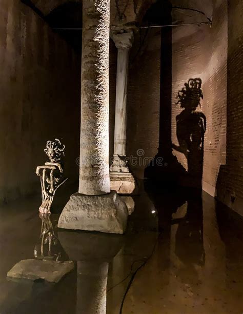 Basilica Cistern Ancient Columns and Modern Medusa Sculpture and Shadow in Istanbul, Turkey ...