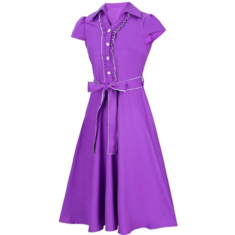 Women's Vintage V Neck Cap Sleeves Turndown Collar Purple Shirt Dress ...