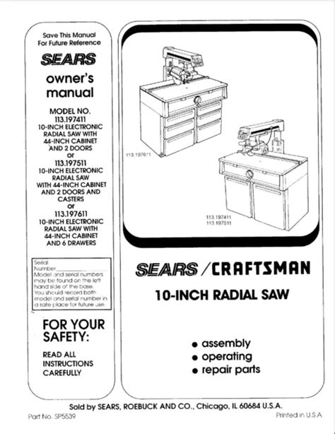 SEARS CRAFTSMAN Radial Arm Saw Manual No.113.197611 $12.50 - PicClick