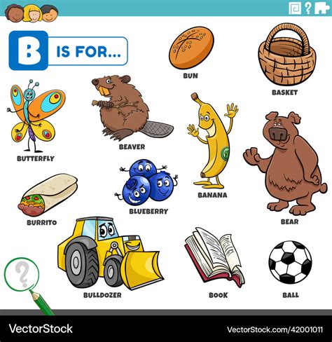 Letter b words educational set with cartoon Vector Image