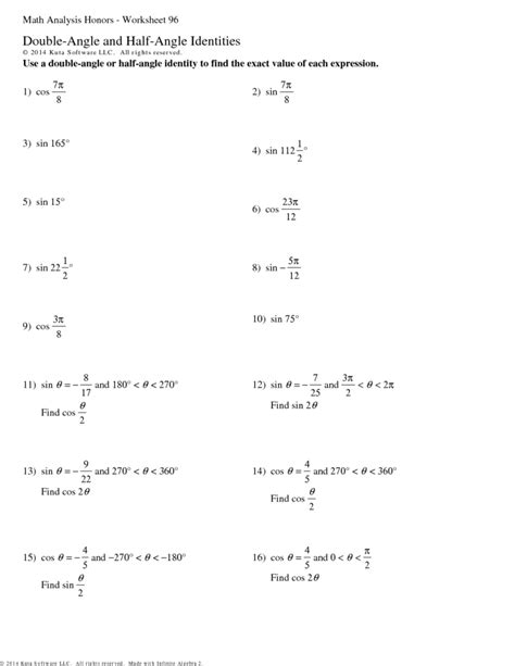 Double Angle And Half Angle Identities Worksheet With Answers - Angleworksheets.com