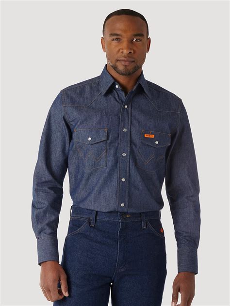 Wrangler® FR Flame Resistant Long Sleeve Denim Work Shirt In Denim ...