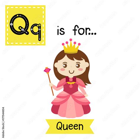 Cute children ABC alphabet Q letter tracing flashcard of Queen for kids ...