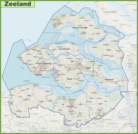 Map of Zeeland with cities and towns