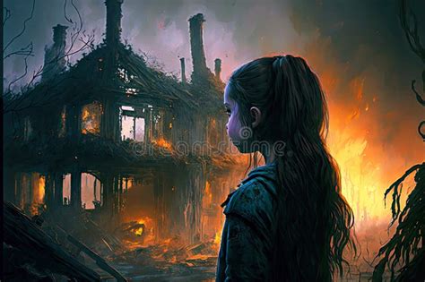 Girl Looks at Remaining Ruins after Fire Burning House Stock Illustration - Illustration of ...