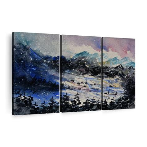 Snowy Village In The Landscape Wall Art | Watercolor | by Pol Ledent