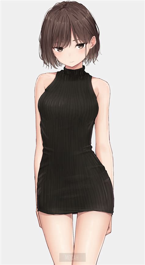 anime, anime girl, black dress, short hair, brunette, brown eyes, dress background, 1642x3000 HD ...