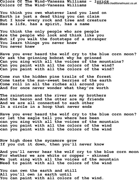 Love Song Lyrics for:Colors Of The Wind-Vanessa Williams