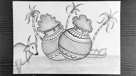 Pongal Scenery Drawing || Matki Pencil Drawing || Pongal Pot Drawing || Step By Step || Pencil ...