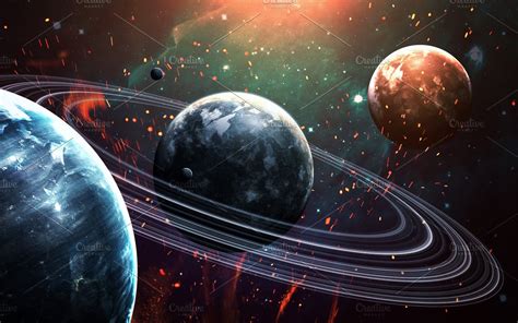Universe scene with planets, stars and galaxies in outer space showing the beauty of space ...