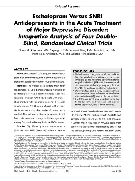 (PDF) Escitalopram Versus SNRI Antidepressants in the Acute Treatment of Major Depressive ...