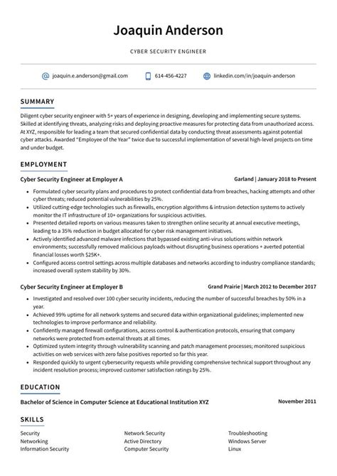 Cyber Security Engineer Resume (CV) Example and Writing Guide