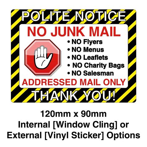 No Junk Mail Sign – Vinyl Sticker or Window Cling Options [120mm x 90mm] – Stickerzilla