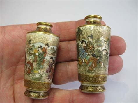 Japanese Pair of Very Miniature Satsuma Vases by Seikozan, With Stands (item #1322223, detailed ...