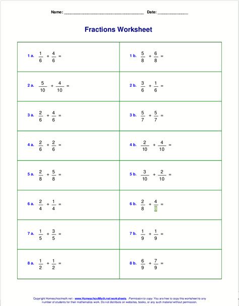 Worksheets for fraction addition