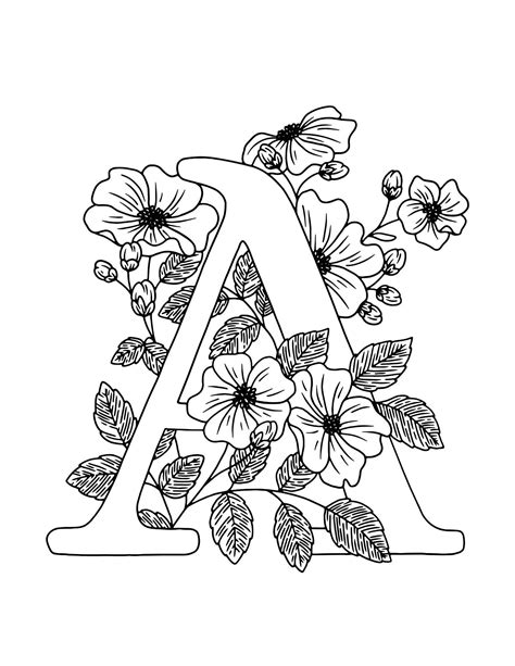 the letter with flowers and leaves on it is outlined in black and white coloring pages