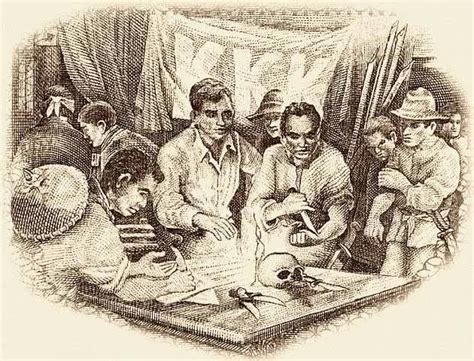 an old black and white drawing of men sitting around a table with papers on it