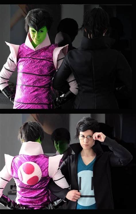 two photos of the same person dressed up in different outfits, one with ...