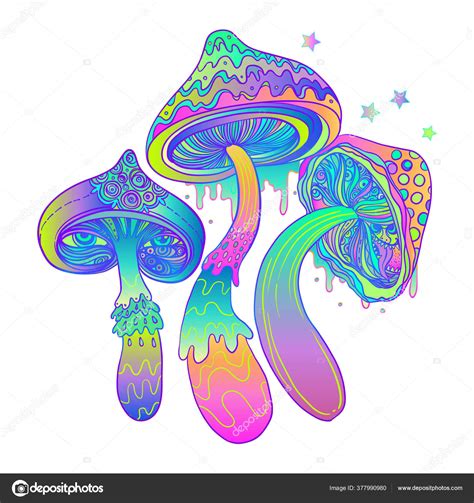 Magic mushrooms. Psychedelic hallucination. Vibrant vector illustration. 60s hippie colorful art ...