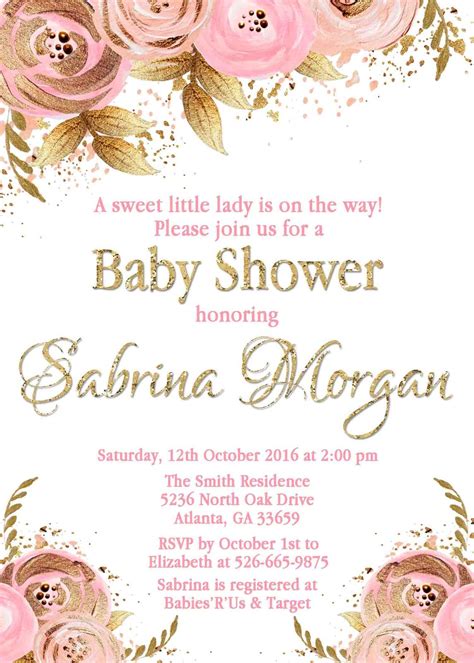 Floral Pink Gold Baby Shower Invitation, Girl Baby Shower Invitation ...