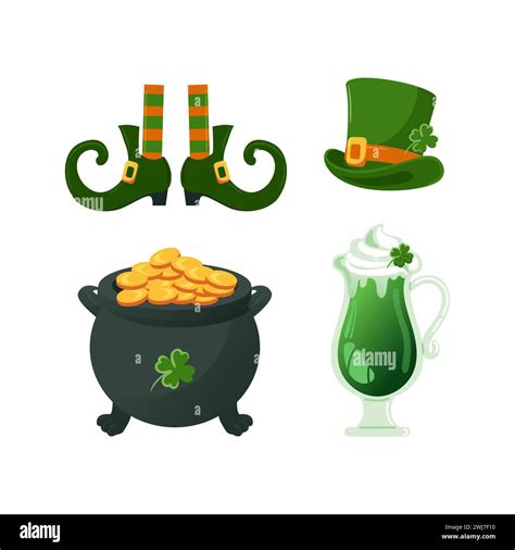 Set of St. Patricks Day symbols. Leprechaun top hat, gold cauldron ...