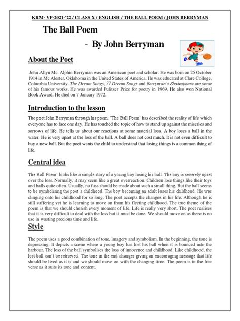 The Ball Poem - Summary + Worksheet | PDF | Poetry