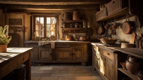 Kitchen In An Old House Setting Is Depicted Background, Rustic Kitchen ...