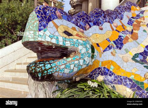 Sculpture of a salamandra of Antoni Gaudi mosaic in park guell of ...