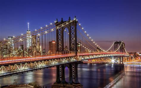 New York, Manhattan Bridge, night, World Trade Center 1, suspension ...