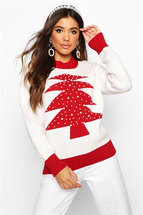 Pearl Embellished Christmas Tree Sweater | boohoo in 2020 | Christmas ...