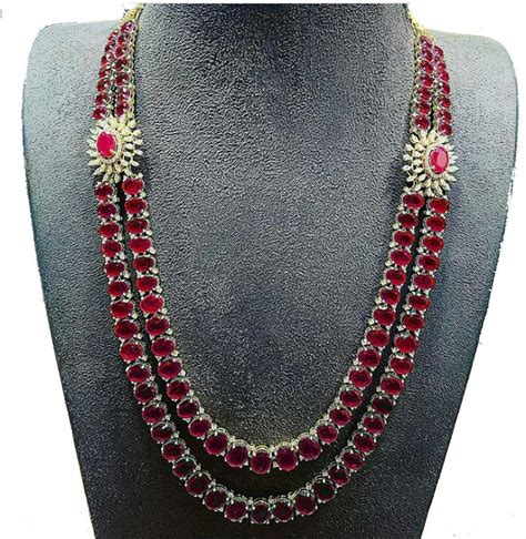 Sterling Silver Dual Line Long Ruby Chain Necklace - Gleam Jewels