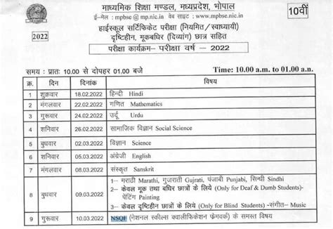 MP Board 10th Time Table 2025 | MPBSE Class 10 Datesheet