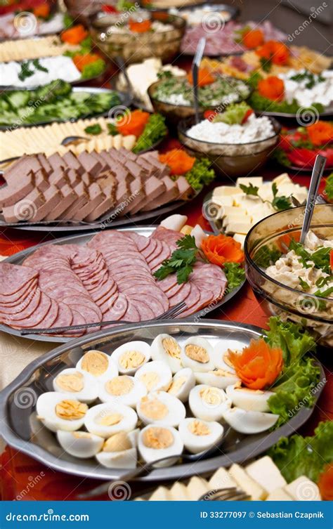 Buffet Table Full Of Food In Small Dishes And A Fruit Platter. Royalty-Free Stock Image ...