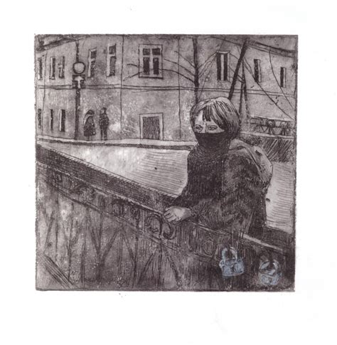 Solitary Figure on Bridge - Urban Landscape Painting by Kristina Daniūnaitė