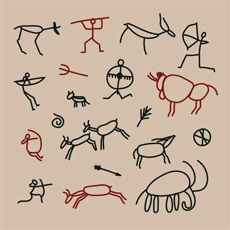 Hand-drawn pattern of cave drawings.Rock painting. Primitive ancient ...