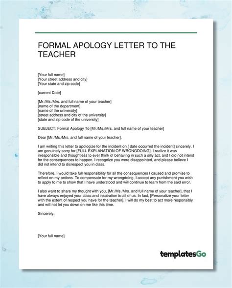 Formal Apology Letter To Teacher - Editable Template | Letter to ...